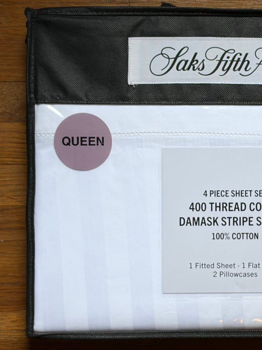 New Saks Fifth Avenue Queen Size Cotton White Damask Sateen Sheet Set 400TC
